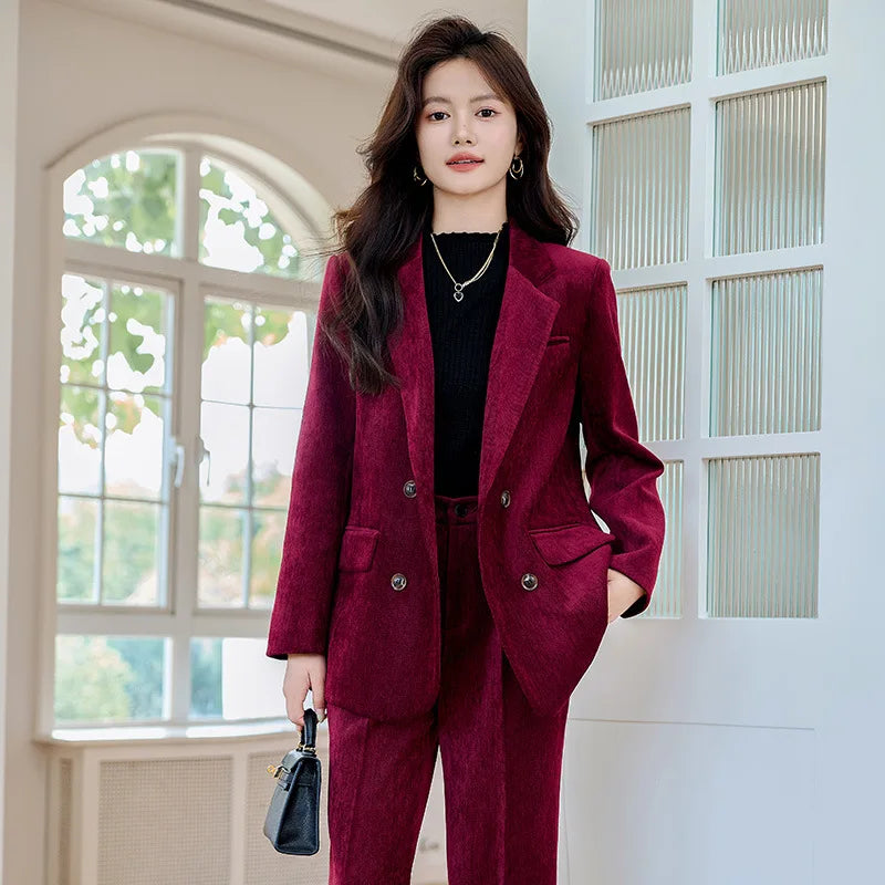 Pleuche Women Suits Office Sets 2024 Autumn New Fashion Notched Double Breasted Blazers Vintage Casual Wide Leg Pants Suits