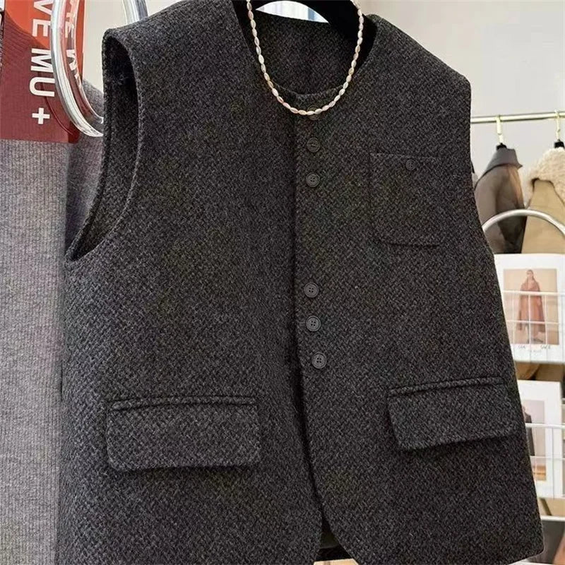 Women O- Neck Woolen Vest Coat European Female Cardigan Cotton Waistcoat Jacket Autumn Ladies Fashion  Sleeveless Tops Outwear