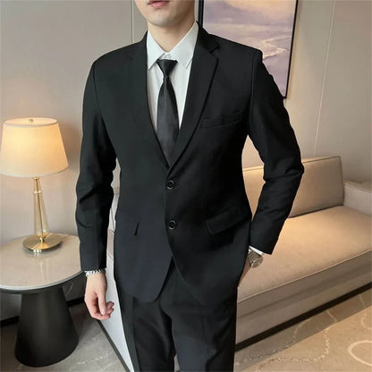 Men's Solid Black Straight-Fit Formal Suit – Business & Wedding Blazer and Pants Set