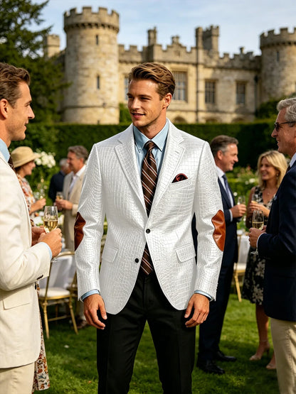 Men's Faux Leather Blazer  Crocodile Pattern Printed Sports Coat Jacket with Elbow Patch  For Party Prom Banquet Wedding Office