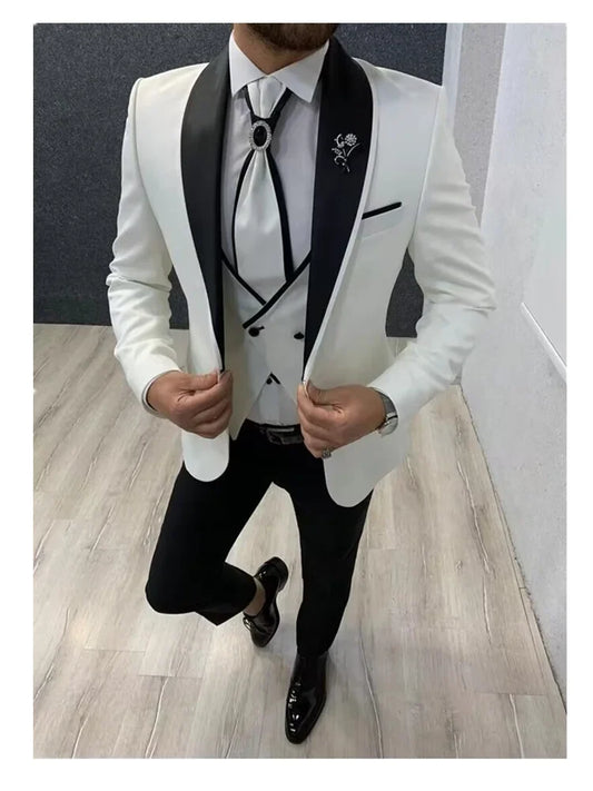 Nouveau costume de mariage 3 pièces blanc pour hommes, revers de smoking, blazer, gilet, pantalon, coupe ajustée, costumes d'affaires, costume Homme pour fête, bal de promo, tenue de bureau