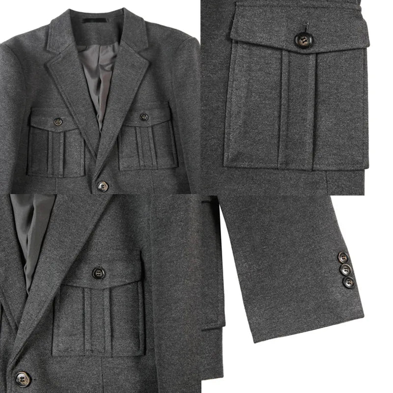 Winter Woolen Suit Jacket for Men Multiple Pockets Slim Fit Casual Business Blazers Masculino Wedding Streetwear Social Coats
