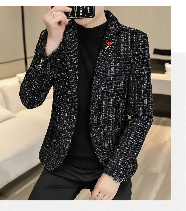 Korean Fashion Woven Suit Jacket for Men Autumn Slim Fit Casual Men Blazers Street Wear Social Business Dress Coats Men Clothing