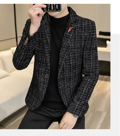 Korean Fashion Woven Suit Jacket for Men Autumn Slim Fit Casual Men Blazers Street Wear Social Business Dress Coats Men Clothing