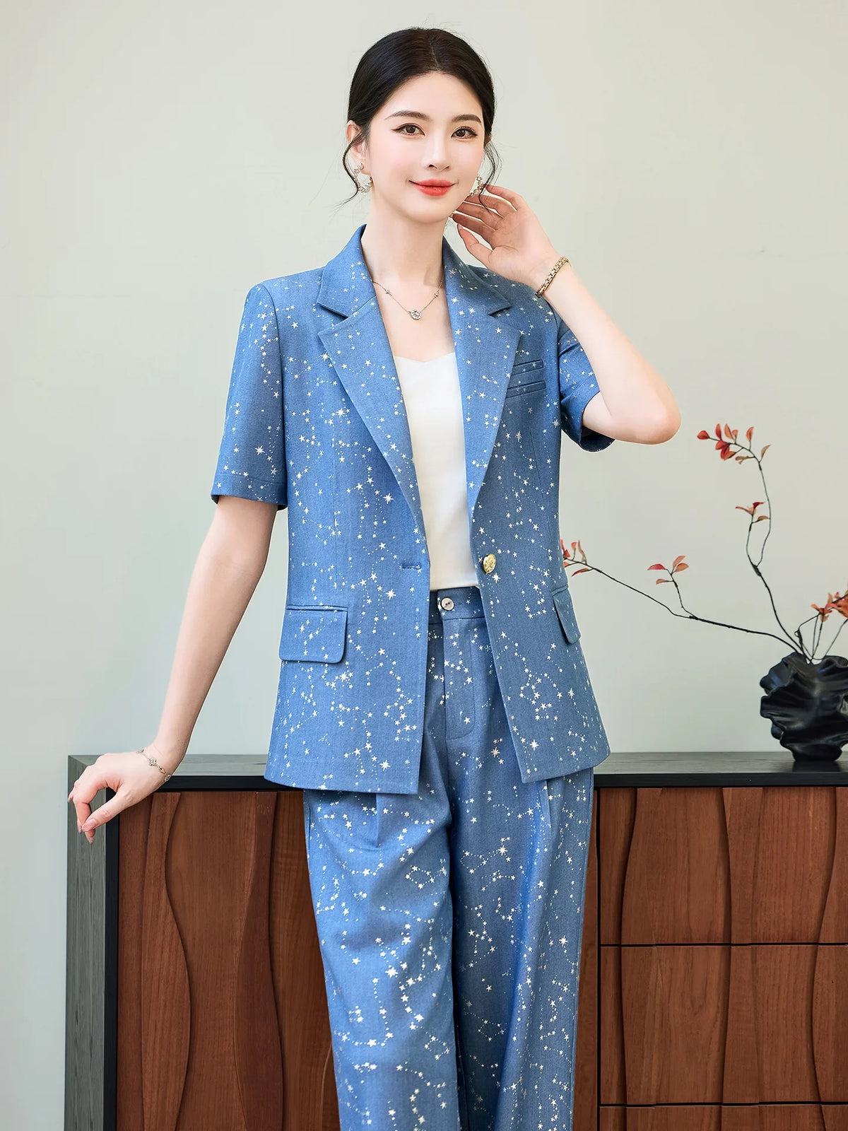 Fashion Blue Yellow Short Sleeve Professional Suit Women New Summer Elegant Formal Slim Blazer And Pants Office Ladies Work Wear