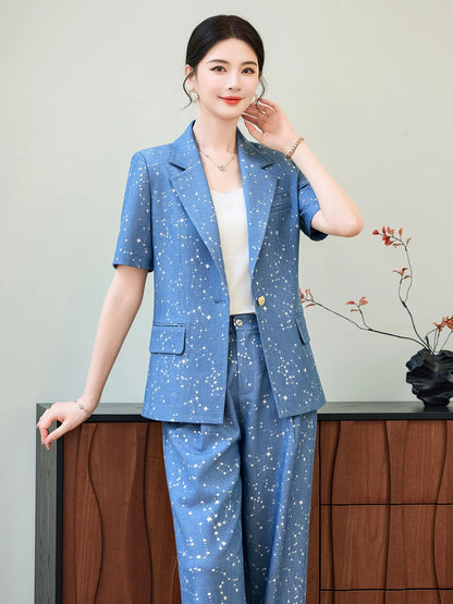 Fashion Blue Yellow Short Sleeve Professional Suit Women New Summer Elegant Formal Slim Blazer And Pants Office Ladies Work Wear