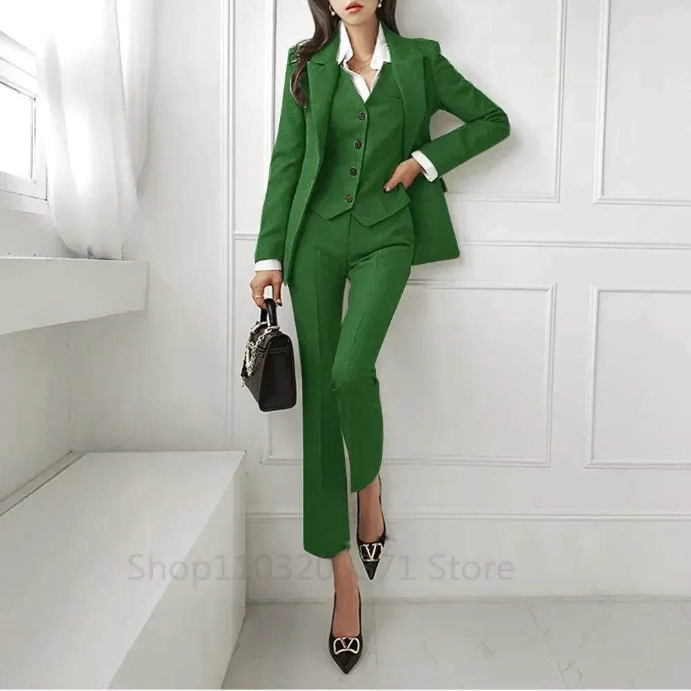 Solid Women Plus Size Suit 3 Piece Single Breasted Slim Fit Temperament Suitable For Business Work Set Jacket Vest With Pants