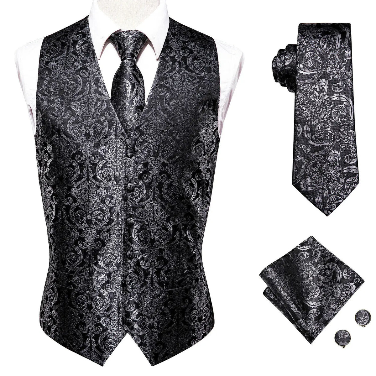 Men's Floral Paisley Vest and Tie Set – Formal Waistcoat with Necktie and Pocket Square for Weddings and Business Events