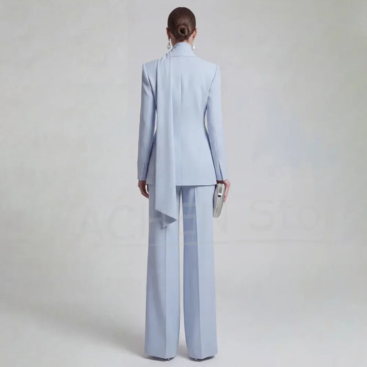 Women One Button Suit with Matching Scarf Blazer and Pants Formal Office Business Lady Evening Party Luxury Outfit 2 Piece
