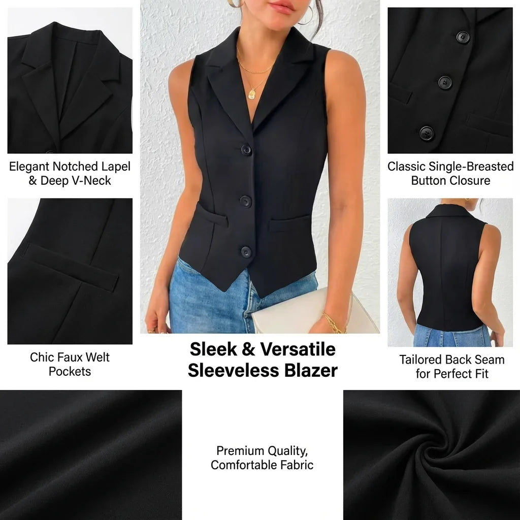 Women's Elegant Sleeveless Blazer Vest Formal Lapel Collar Single-Breasted Office Work Waistcoat Professional Business Suit Vest