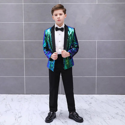 Boys Gradient Sequins Formal Wedding Birthday Party Suits Kids Jacket pants Bowtie 3pcs Price Piano Performance Costume