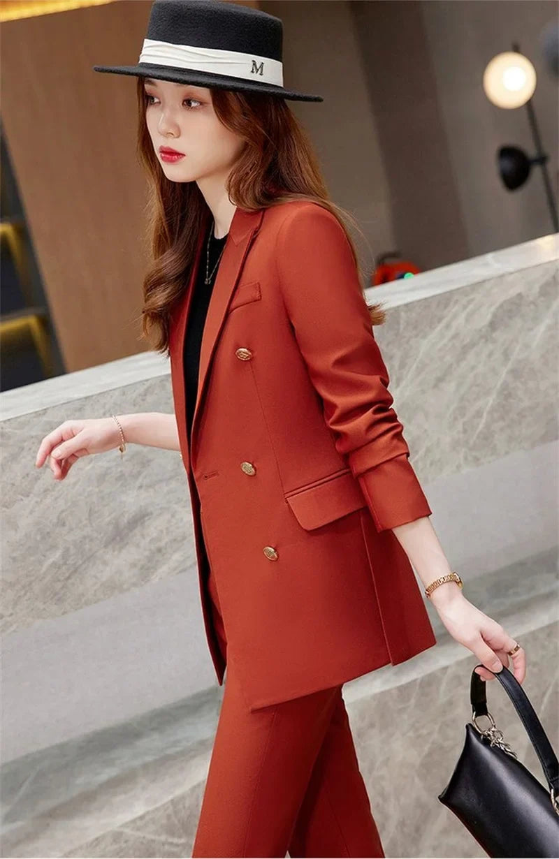 2025 Button Decoration Formal Jacket Blazer and Trouser 2 Piece Set Fashion Pink Green Black Ladies Work Wear Pant Suit Women