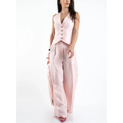 High-end Pink Linen Women Pants Set New Female Three Pieces(Blazer+Trousers+Vest) conjuntos para mujeres 3 piezas