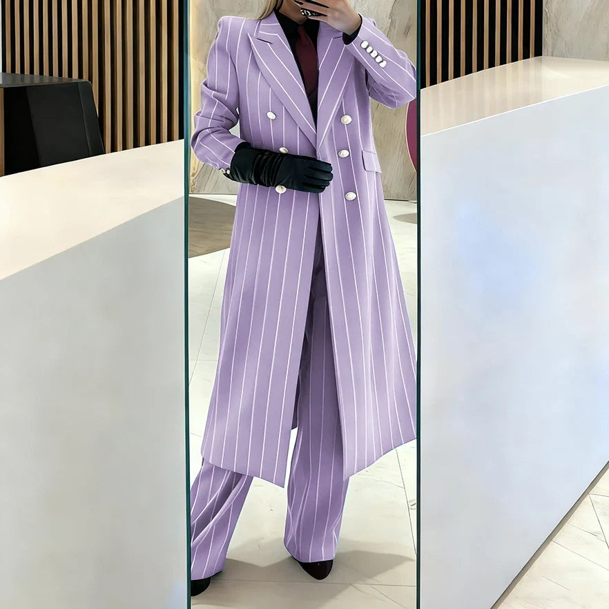 Burgundy Women's Suits Pinstripe Double Breasted Peaked Lapel Long Coat+Pants Set Elegant Formal Office Evening Party Outfit