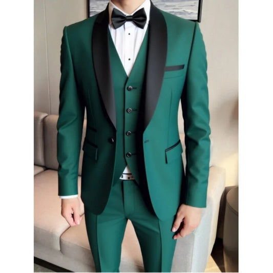 Solid Men Suits Slim Fit 3 Piece Shawl Lapel Suit Jacket for Prom Party Business(Blazer+Vest+Pants)Wedding Suits for Men Office