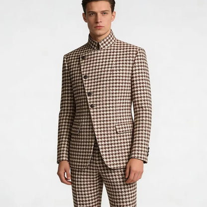 Elegant Men's Houndstooth Suit 2 Piece Mandarin Collar Slim Fit Fashion Jacket Pants Vintage Male Set For Formal Business Weddin