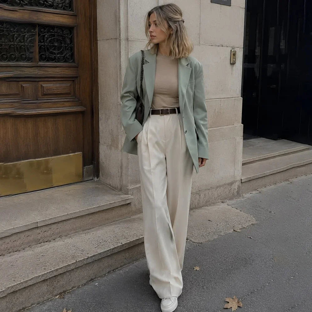 Chic Women Sage Green Blazer Suit Single Breasted Jacket+Pants Ladies Set Casual Office Streetwear Notch Lapel Two Piece Outfit