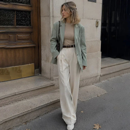 Chic Women Sage Green Blazer Suit Single Breasted Jacket+Pants Ladies Set Casual Office Streetwear Notch Lapel Two Piece Outfit