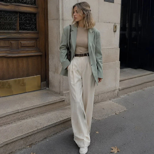 Chic Women Sage Green Blazer Suit Single Breasted Jacket+Pants Ladies Set Casual Office Streetwear Notch Lapel Two Piece Outfit