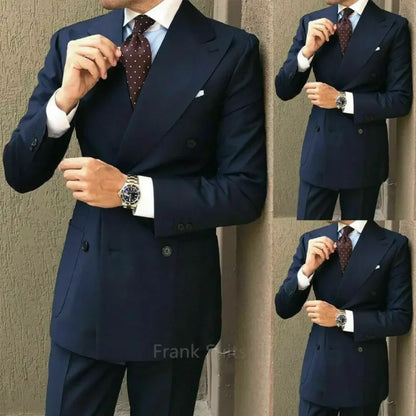 Classic Formal Men's Business Tuxedo 2 Pieces Blazer Pants Classy Blue Suit Set For Men Wedding Party Guest Outfit