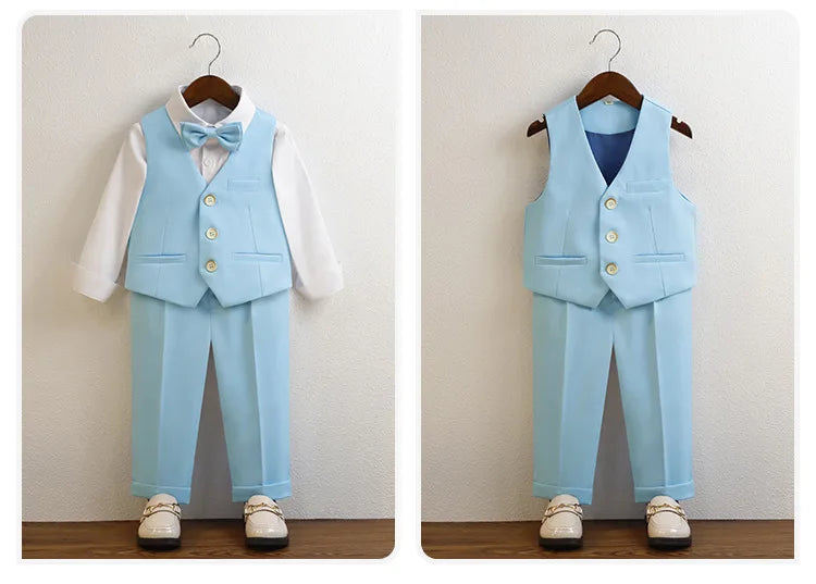 Kid Light Green 5Pieces Suit Set With Jacket Vest Pants Bowtie Brooch Boys Wedding Birthday Party Piano Performance Costume