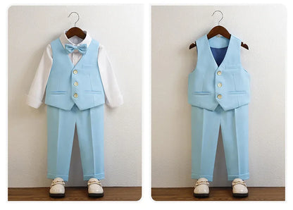 Kid Light Green 5Pieces Suit Set With Jacket Vest Pants Bowtie Brooch Boys Wedding Birthday Party Piano Performance Costume