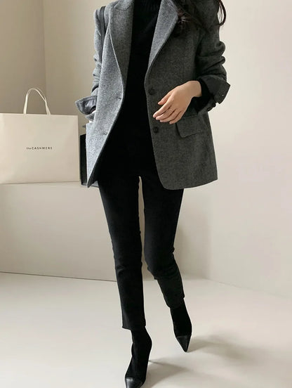 Women's Slim Fit Blazer Autumn Mid-Length Lapel Coat Contrast Cuff Detail Elegant Office & Commute Outerwear