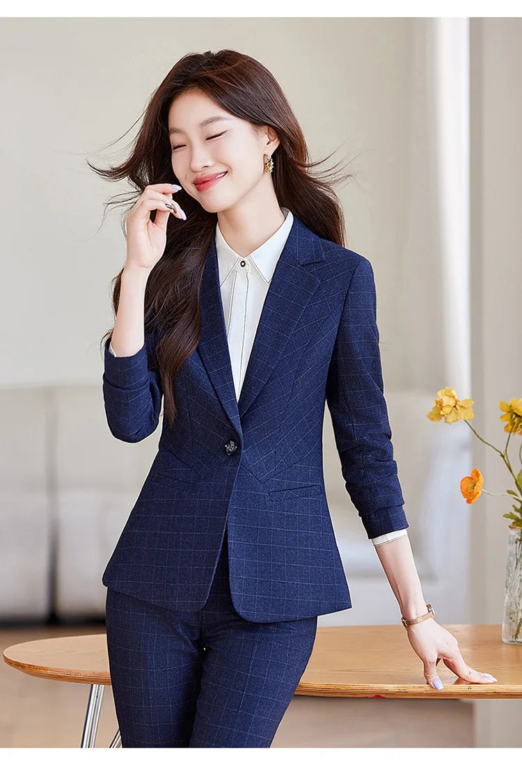 2024 Spring Autumn New Retro Plaid Elegant Blazer Coat And High Waist Pencil Pant Two Piece Set Women's Suit Business Clothing