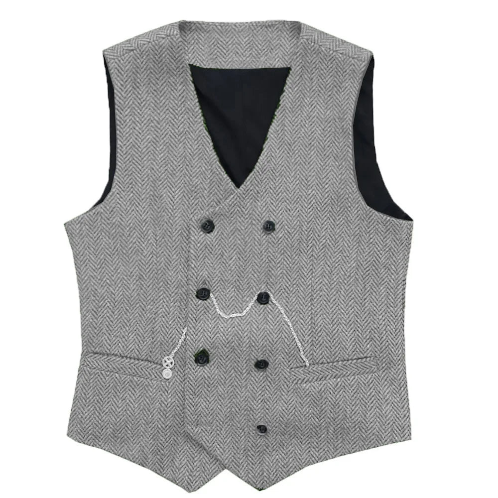 Men's Herringbone Suit Vest Double Breasted Waistcoat for Weddings and Business
