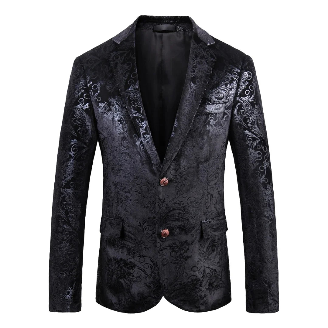 Men's Suit Jacket Black Gold Floral Applique Single Button for Wedding Party Performance