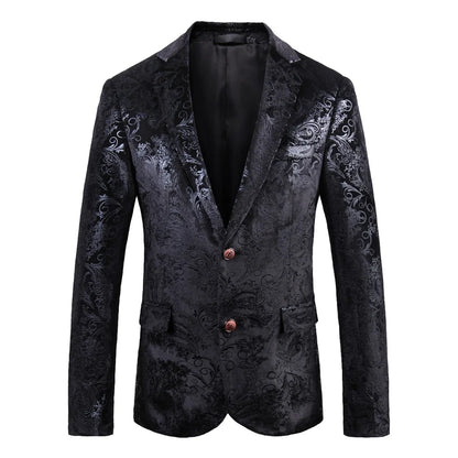 Men's Suit Jacket Black Gold Floral Applique Single Button for Wedding Party Performance