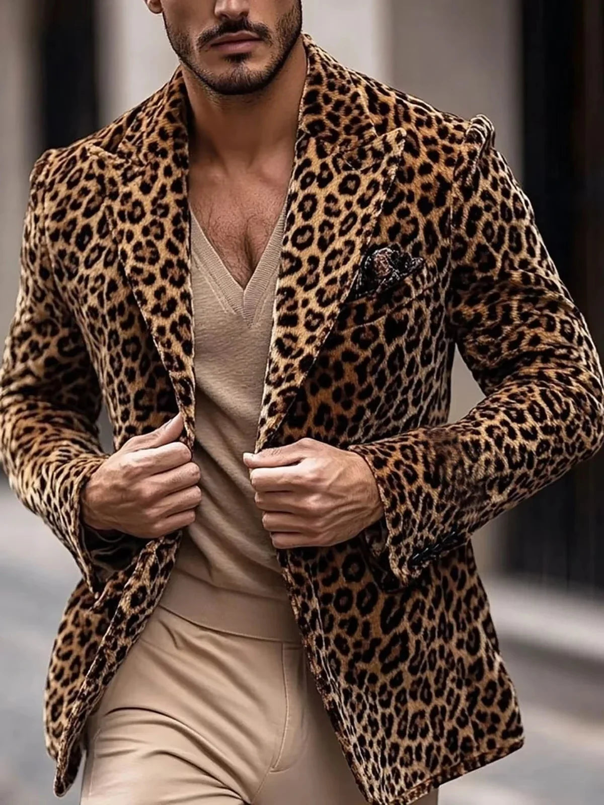 Men's Leopard Print Blazer Single Breasted Slim Fit Notch Lapel Tuxedo Jacket for Party and Prom