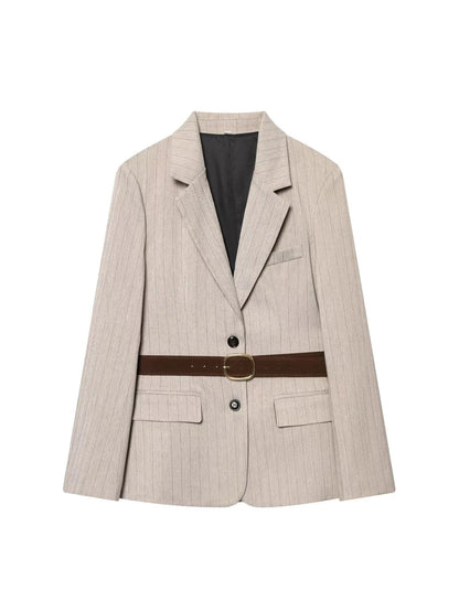 Women Khaki Striped Blazer Jacket Y2k 2000s Vintage Suit Coat Long Sleeve Single Breasted Oversize Outerwear Spring Autumn 2025