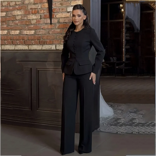 Solid Black Suit For Women Classic O-Neck Single Breasted Slim Fitted Blazer Pants Professional Lady Elegant Trendy Outfit