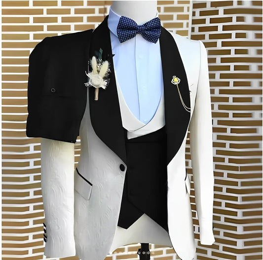 White Jacquard Elegant suits Men For Wedding Formal Jacket Vest Pants 3 Pieces Groomsman Tuxedos Tailored Male Fashion Clothing