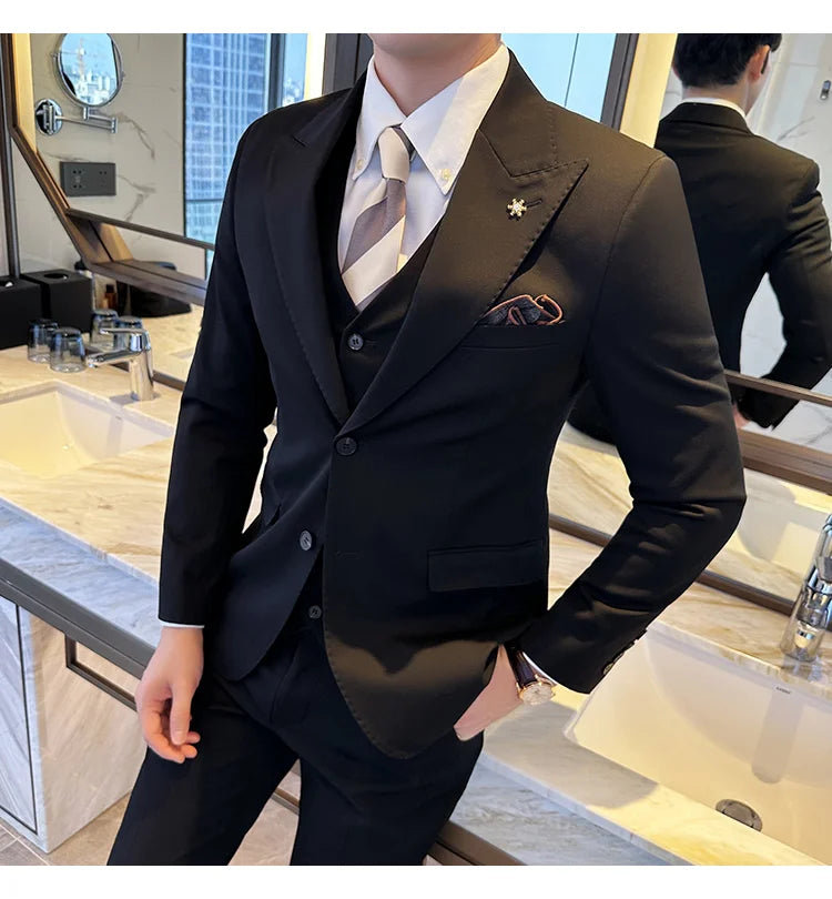 (Blazer + Vest + Trousers) 2024 New Men Formal Business Solid Suit 3 Pieces Set Italian Style Luxury Wedding Social Party Tuxedo
