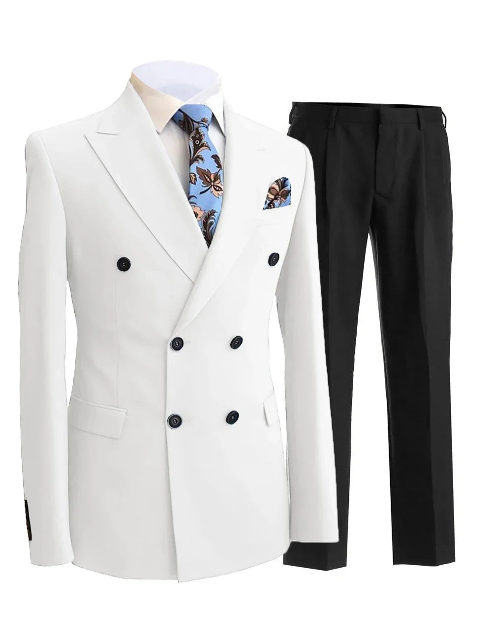 Men Suit 2 Pieces White Double Breasted Peak Lapel Formal For Wedding Groom Banquet Party Business Work Jacket And Black Pants