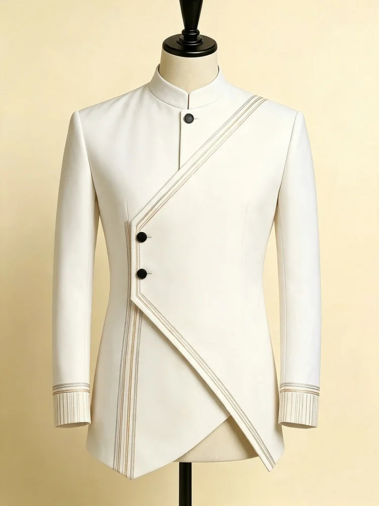 Men Slim Stand Collar Single Jacket Contrast Line Edge Blazer New Chinese Style Office Evening Party Outerwear