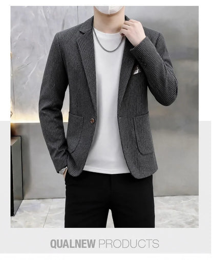 Autumn Winter Suit Jacket Men's Korean Slim Fit Striped Casual Blazers Wedding Business Streetwear Social Dress Jackets 2026