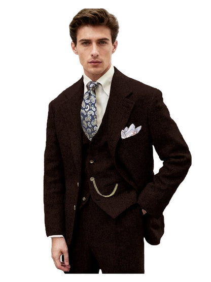 3 Piece Grey/Brown Mens Tweed Herringbone Wedding Suit Prom Tuxedos Peak Lapel Tweed for Business Slim Fit (Blazer+Vest+Pants)