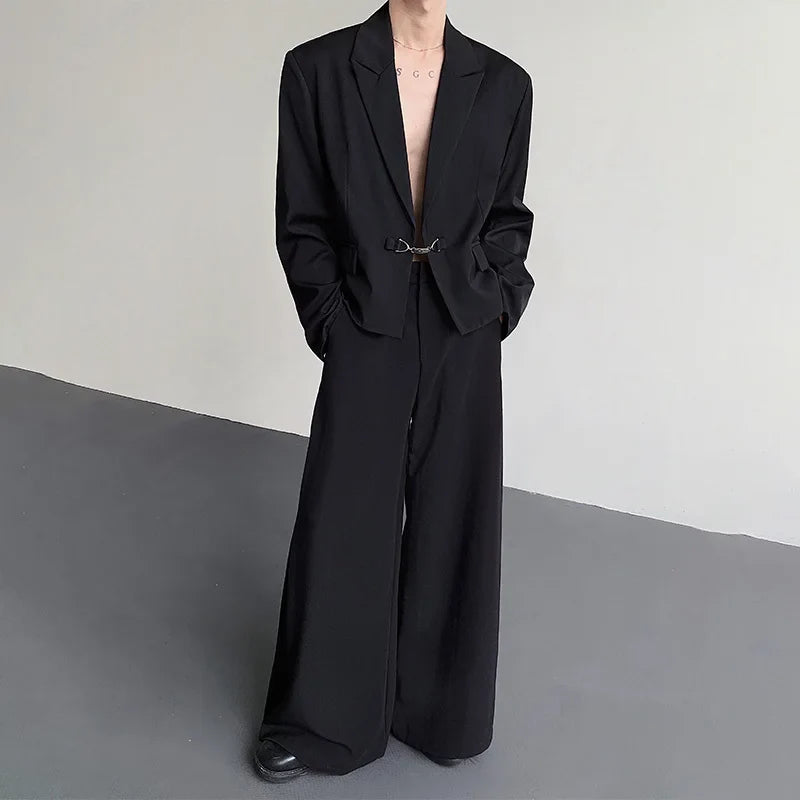 Fashion Korean Elegant Metal Buckle Placket Loose Blazer Coat Men 2025 New Solid Color Trendy Casual Male Clothes JY3447