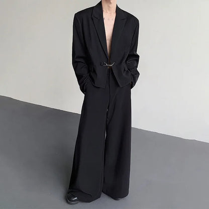 Fashion Korean Elegant Metal Buckle Placket Loose Blazer Coat Men 2025 New Solid Color Trendy Casual Male Clothes JY3447