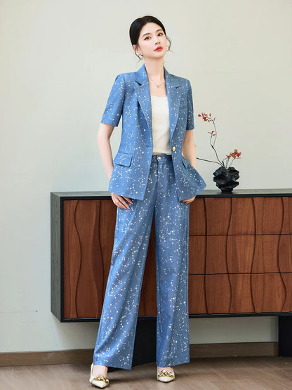 Fashion Blue Yellow Short Sleeve Professional Suit Women New Summer Elegant Formal Slim Blazer And Pants Office Ladies Work Wear
