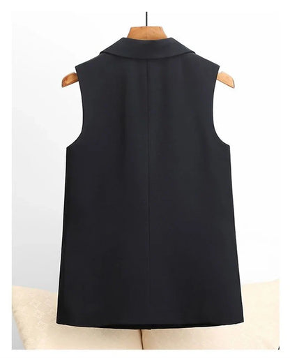 Autumn New Casual Lined Blazer Vest For Women Korean Loose Single Buckle Sleeveless Suit Coat Female Waistcoat Black Vest