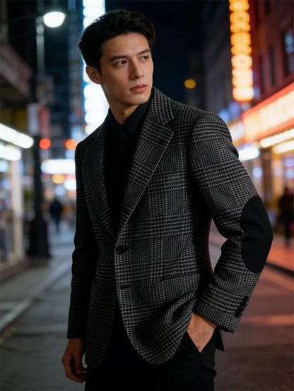 Retro British Plaid Men's Blazer with Elbow Patches Slim Fit Business Casual Tweed Suit Jacket for Office Daily Wear Sport Coats