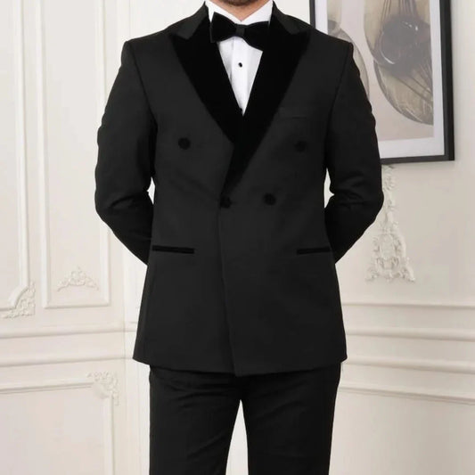 Men Suit 2 Pieces Black With Bright Lapel Double Button For Wedding Business Banquet Party Work Daily Casual Jacket And Pants