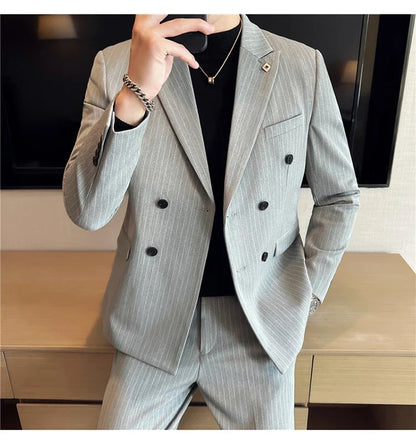 (Jacket + Vest + Pants)Three Piece Set Men Blazers Set stripe Suits Busines Casual Slim Fit Formal Dress Groom Tuxedo Wedding