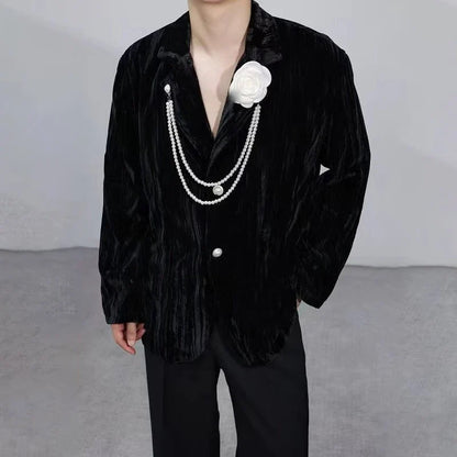 Luxury Elegant Handsome Blazer Coat Men's Original Niche Three-dimensional Pearl Chain Stylish Solid Color Jacket JY4431