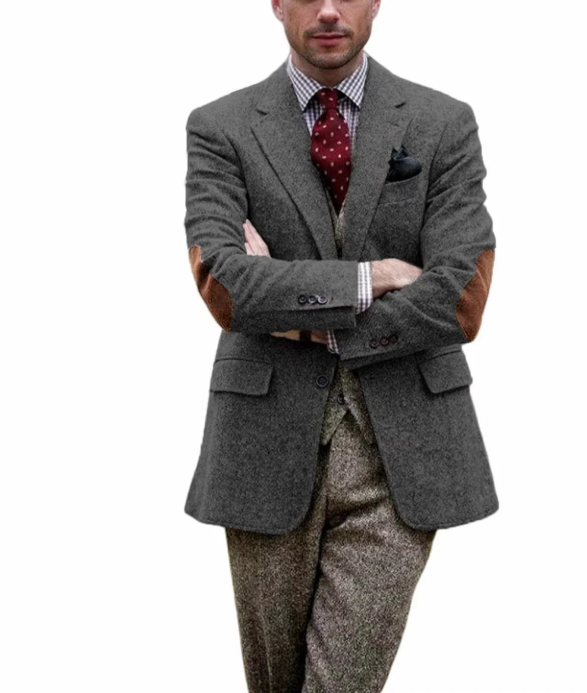 Men's Herringbone Blazer Notched Lapel With Elbow Patches Casual Suit Jacket For Business Wedding Daily Wear Party