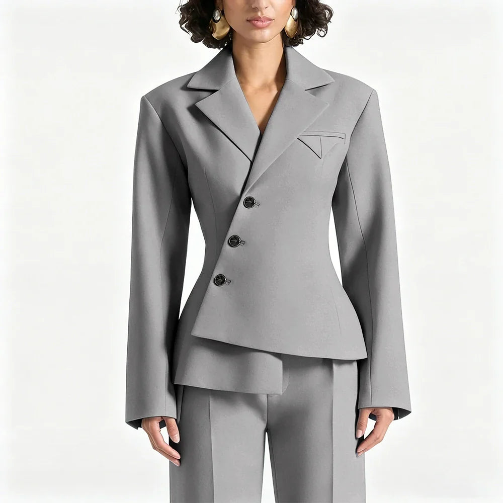 Black Asymmetric Blazer Suit Women's Slim Fit Single Breasted Notch Lapel Set Minimalist Office Modern Casual Workwear Outfit